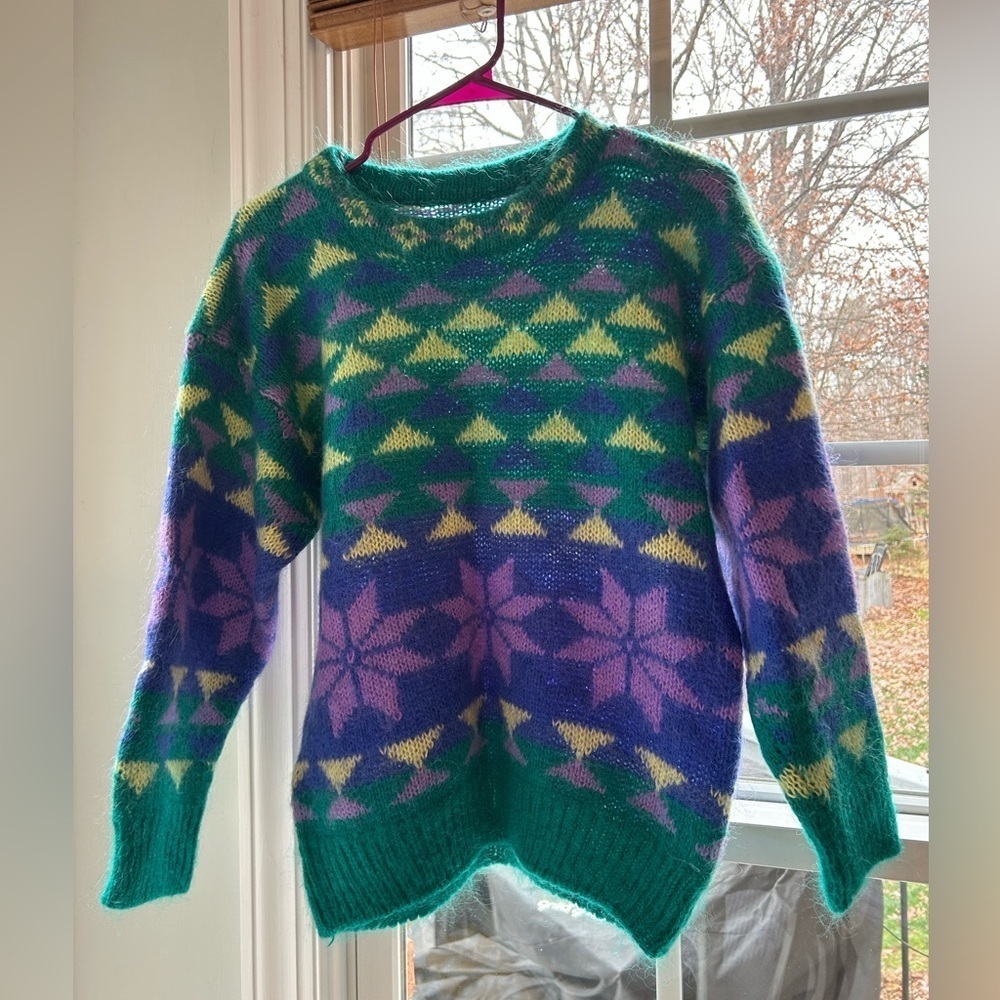 Beautiful Handmade Sweater No Label, Soft Purple Green and Yellow Smoke Free